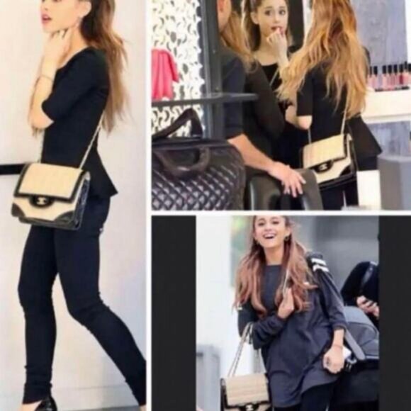 Authentic CHANEL CC Lambskin Patent Chocolate Bar Flap Bag Chain Beige Black - Picture 3 of 15